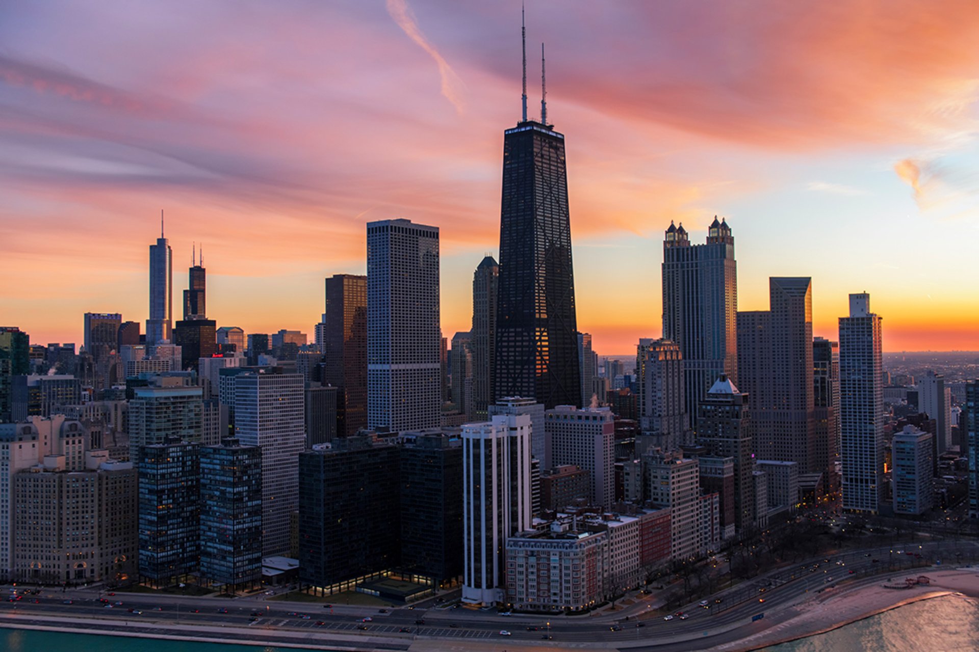 View of The Magnificent Mile, Chicago's renowned shopping district along Michigan Avenue, featuring a variety of stores, dining options, and iconic landmarks.